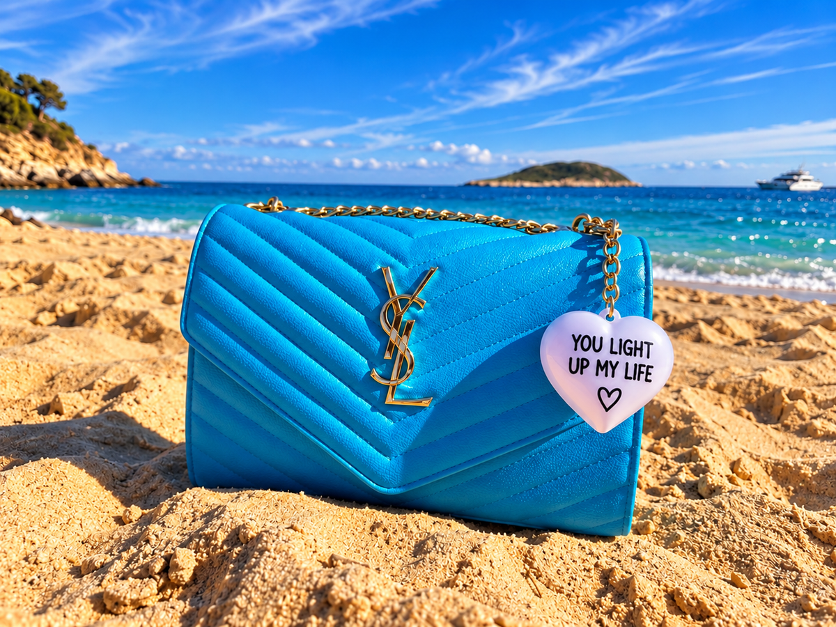 You Light Up My Life heart charm on blue quilted handbag on Mallorca beach