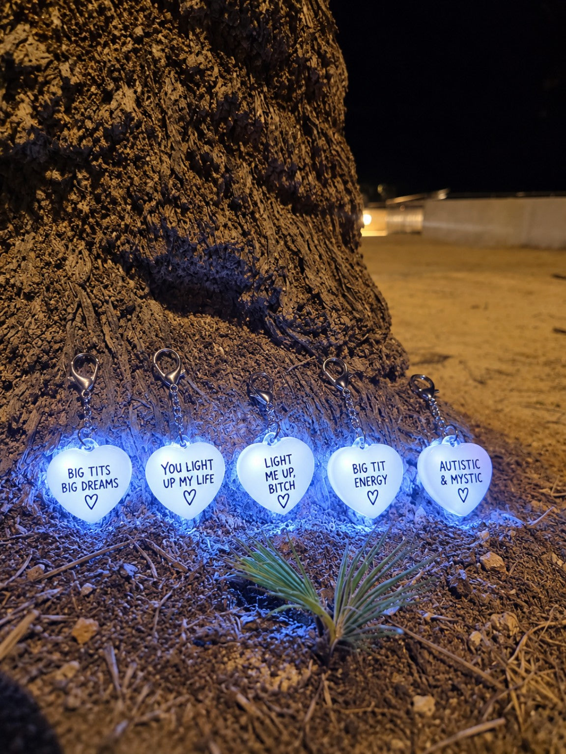 The five Bitchology light-up heart handbag charm designs including You Light Up My Life