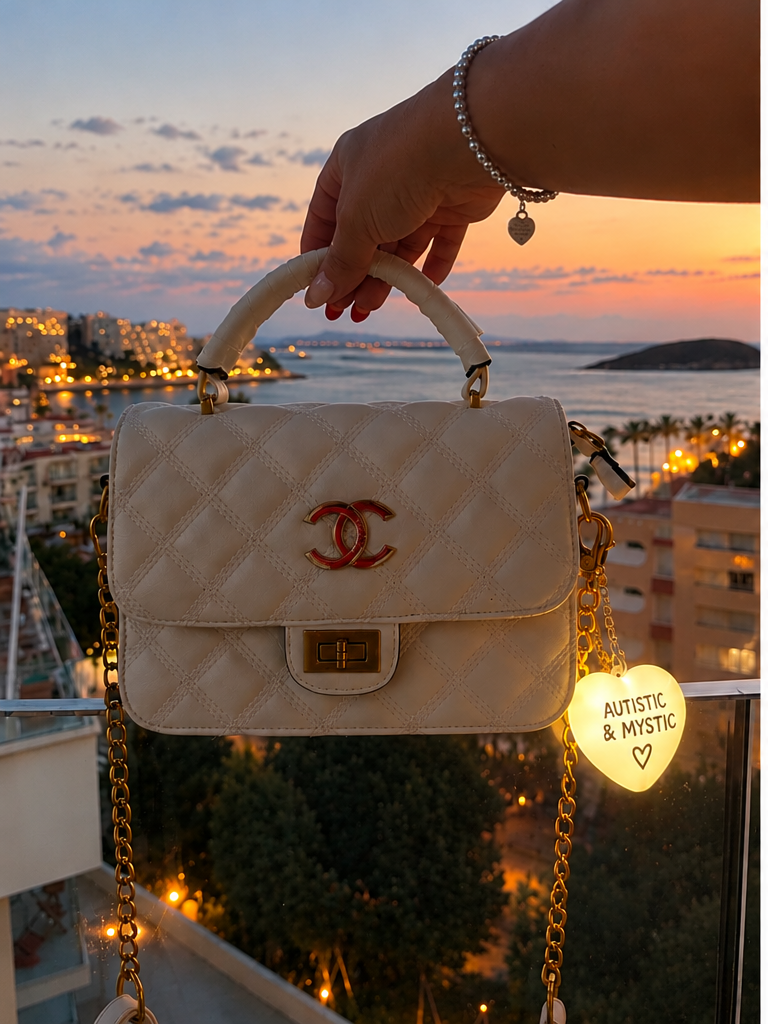 Autistic and Mystic glowing heart charm on white quilted handbag at sunset