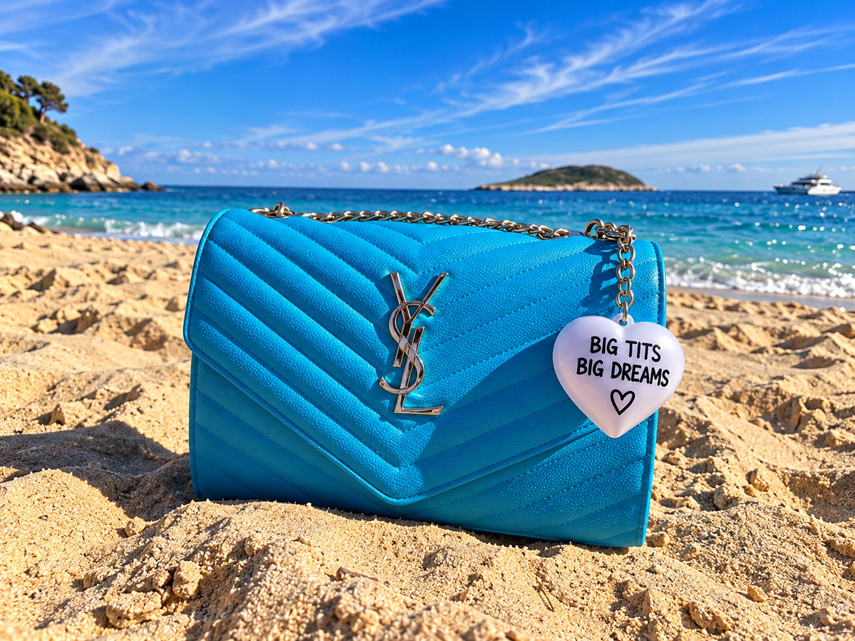 Bitchology Big Tits Big Dreams charm on blue handbag at beach